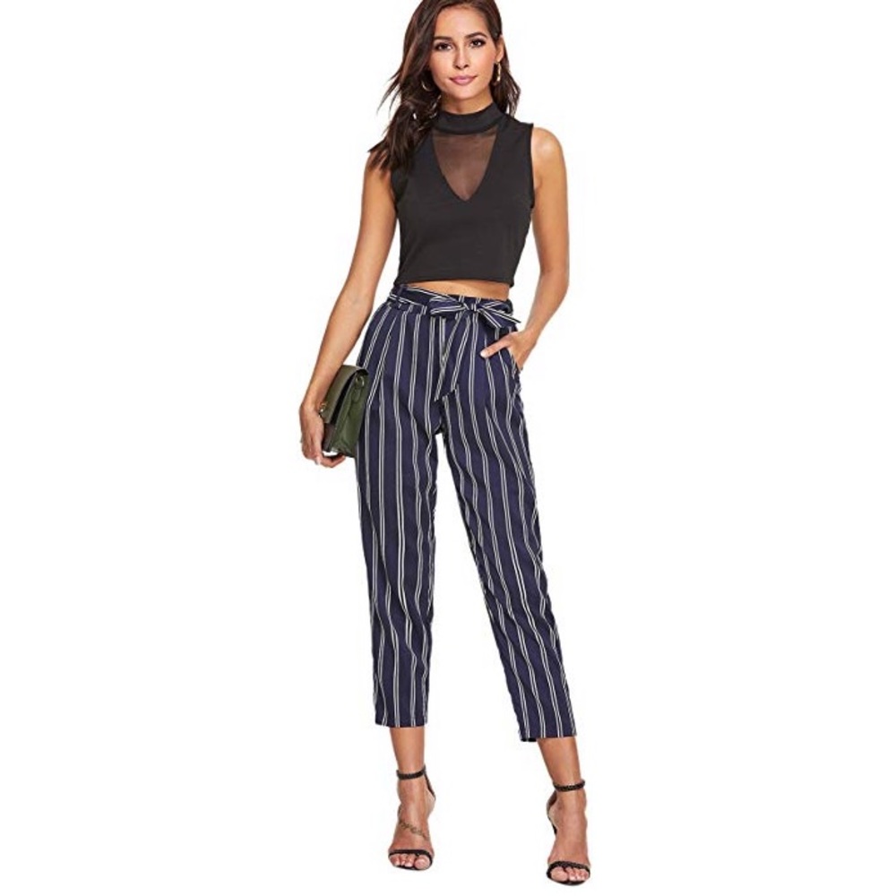 Elastic Waist Striped Pants with Pockets